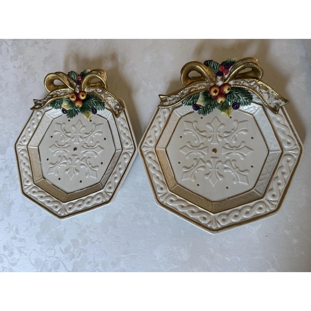 Fitz and Floyd Christmas Gold Bow Fleur De Lis Octagon Plates For Cookie/Canapés